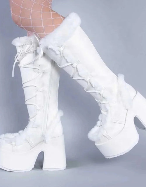 Load image into Gallery viewer, (Free Shipping) Women's Western Thick Chunky Heels Long Lace Up Furry Round Toe Platform Knee High Boots
