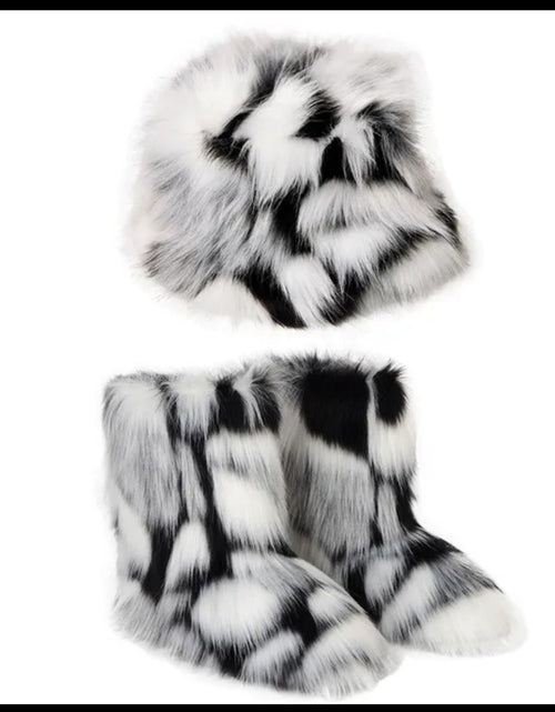 Load image into Gallery viewer, (Free Shipping)(Tariffs included in price) Winter Warm Women Fur Boot Woman Fluffy Faux Fur Fisherman Hat Set Ladies Plush Snow Boot
