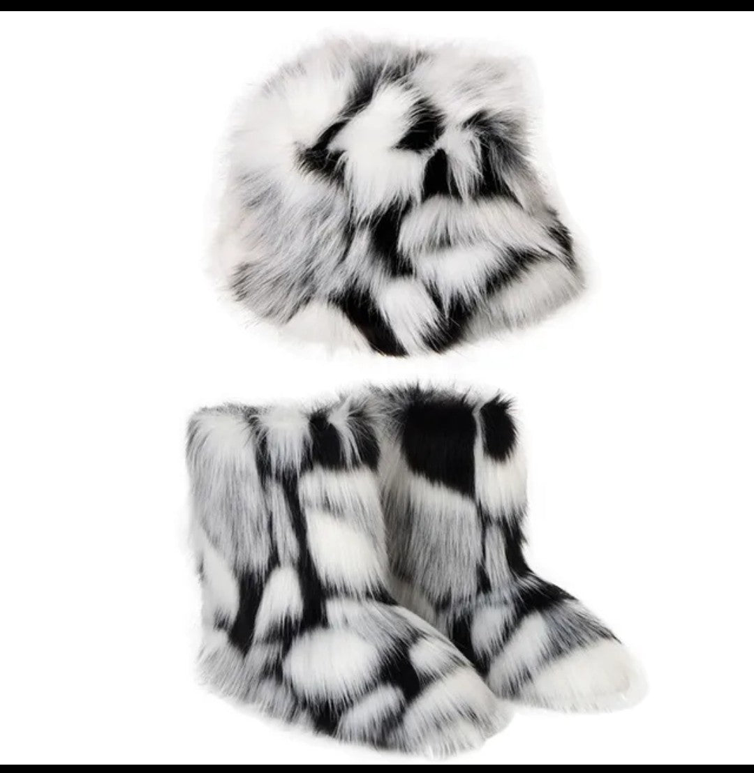 (Free Shipping)(Tariffs included in price) Winter Warm Women Fur Boot Woman Fluffy Faux Fur Fisherman Hat Set Ladies Plush Snow Boot