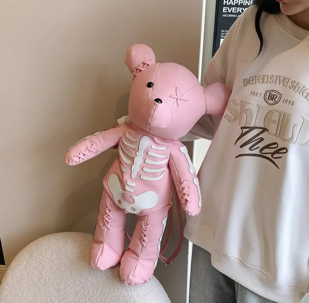 (Free Shipping)(Tariffs included in price) Funny Skeleton Bear Backpack PU Leather Artistic Personality Thriller Single Shoulder Crossbody Backpack Halloween Backpacks