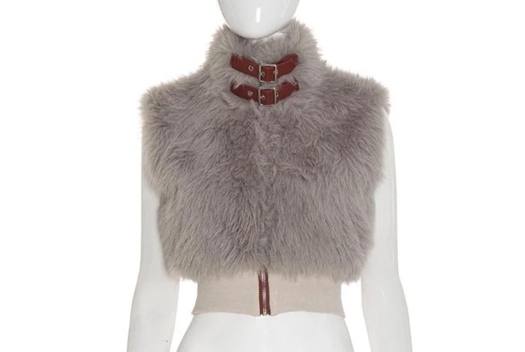 (Free Shipping)(Tariffs included in price) 2025 Fall Winter Faux Fur Jacket Vests Women Luxury Warm Fluffy Metal Leather Belt Sleeveless Coats Tops