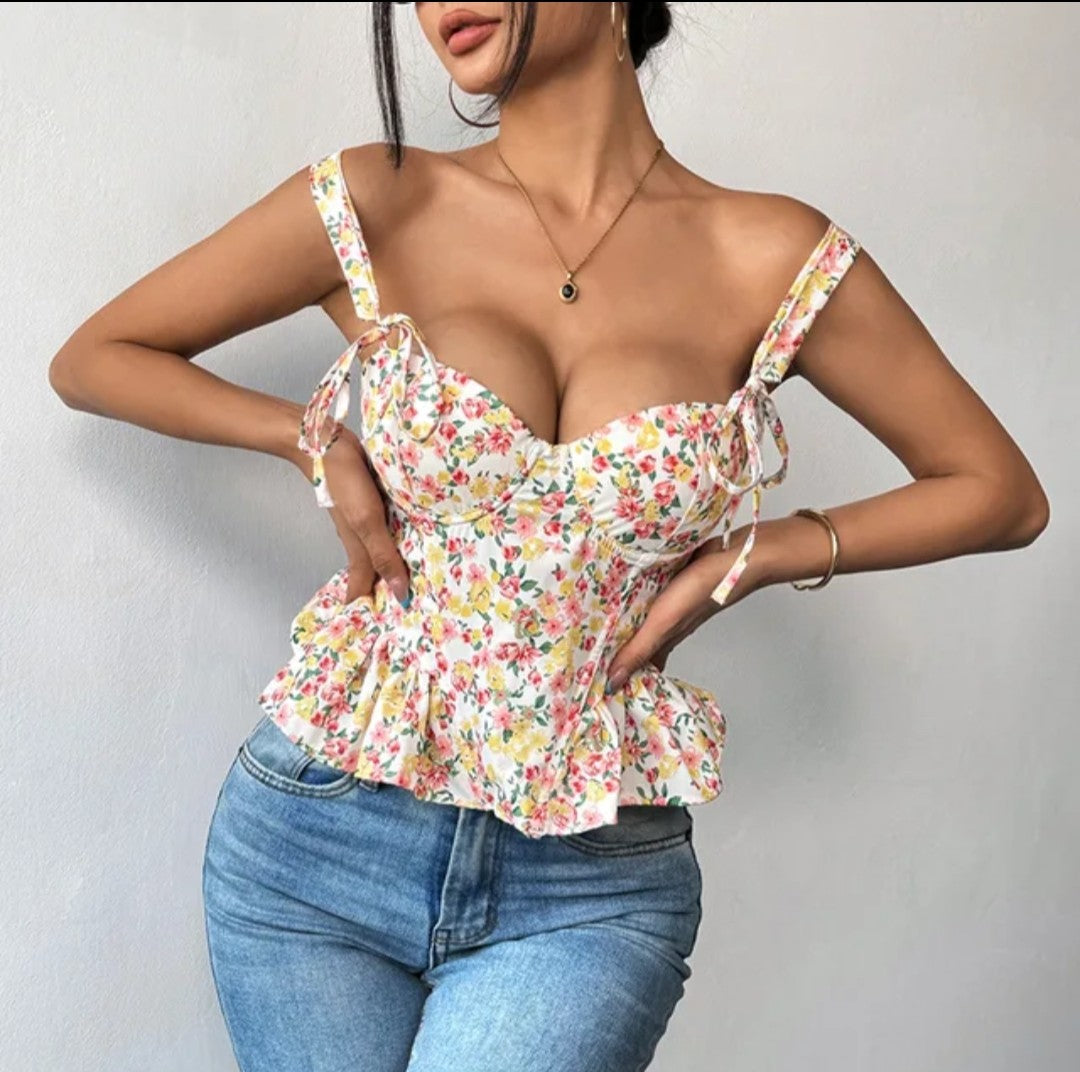 (Free Shipping)(Tariffs included in price) Floral Print Adjustable Corset Top Boned Bustier Lace-up with Removable padding Corset