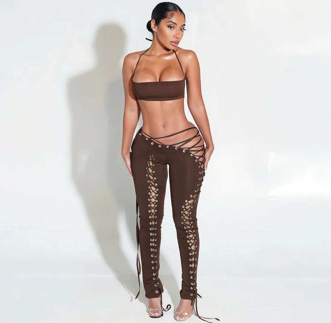 (Free Shipping)(Tariffs included in price) Women's trendy stylish two piece lace up pants set women spaghetti strap top