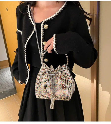 (Free Shipping)(Tariffs included in price) Women's Rhinestone Bucket Handbag With Zipper Enclosure Circular Metal Handle With Cross Body Chain