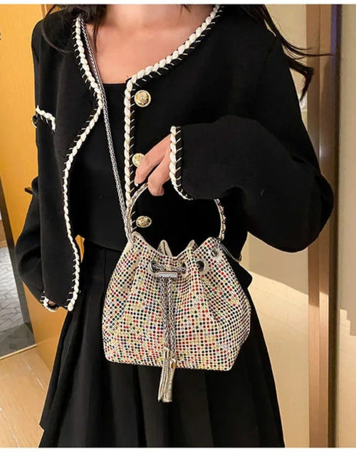 Load image into Gallery viewer, (Free Shipping)(Tariffs included in price) Women's Rhinestone Bucket Handbag With Zipper Enclosure Circular Metal Handle With Cross Body Chain
