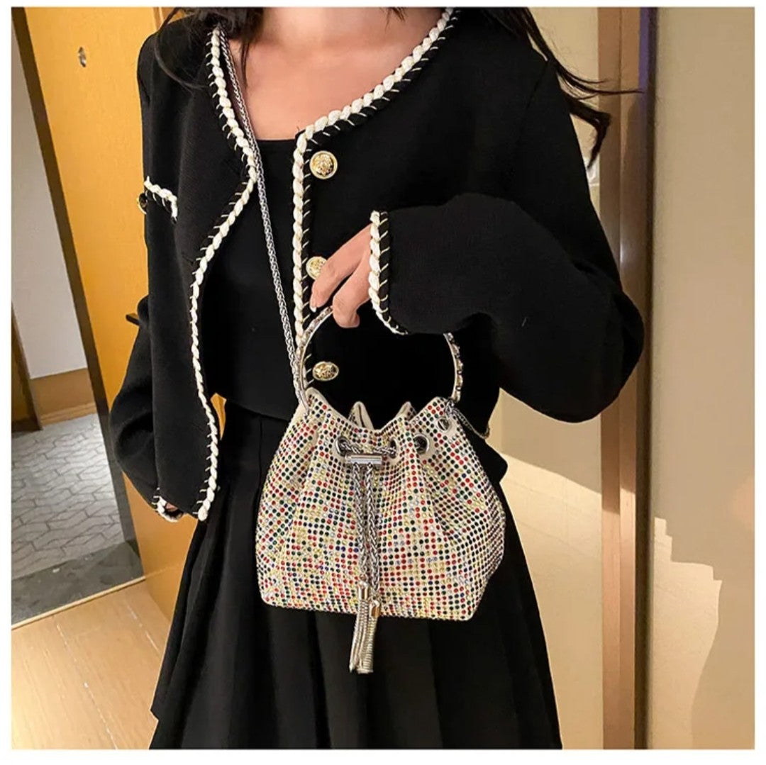 (Free Shipping)(Tariffs included in price) Women's Rhinestone Bucket Handbag With Zipper Enclosure Circular Metal Handle With Cross Body Chain