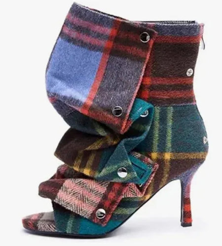 (Free Shipping) Summer Squared Open Toe High Heeled Short Boots Denim Colorful Plaid Ankle Pleated Upper Sandal Shoes