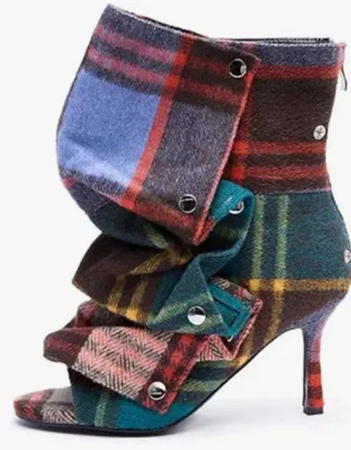 Load image into Gallery viewer, (Free Shipping) Summer Squared Open Toe High Heeled Short Boots Denim Colorful Plaid Ankle Pleated Upper Sandal Shoes
