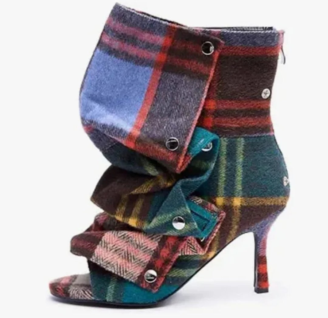 (Free Shipping) Summer Squared Open Toe High Heeled Short Boots Denim Colorful Plaid Ankle Pleated Upper Sandal Shoes