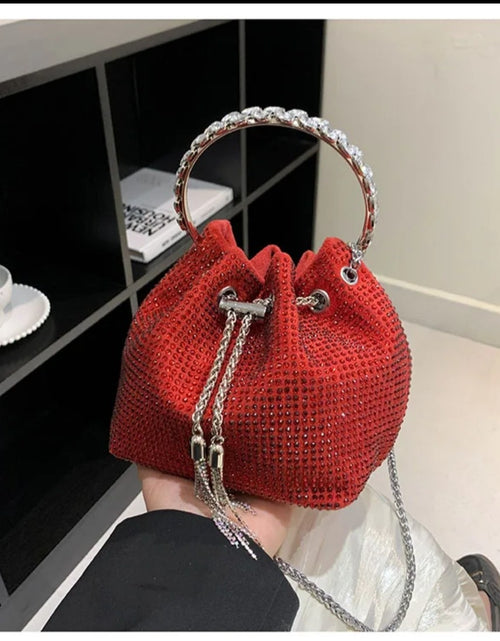 Load image into Gallery viewer, (Free Shipping)(Tariffs included in price) Women's Rhinestone Bucket Handbag With Zipper Enclosure Circular Metal Handle With Cross Body Chain
