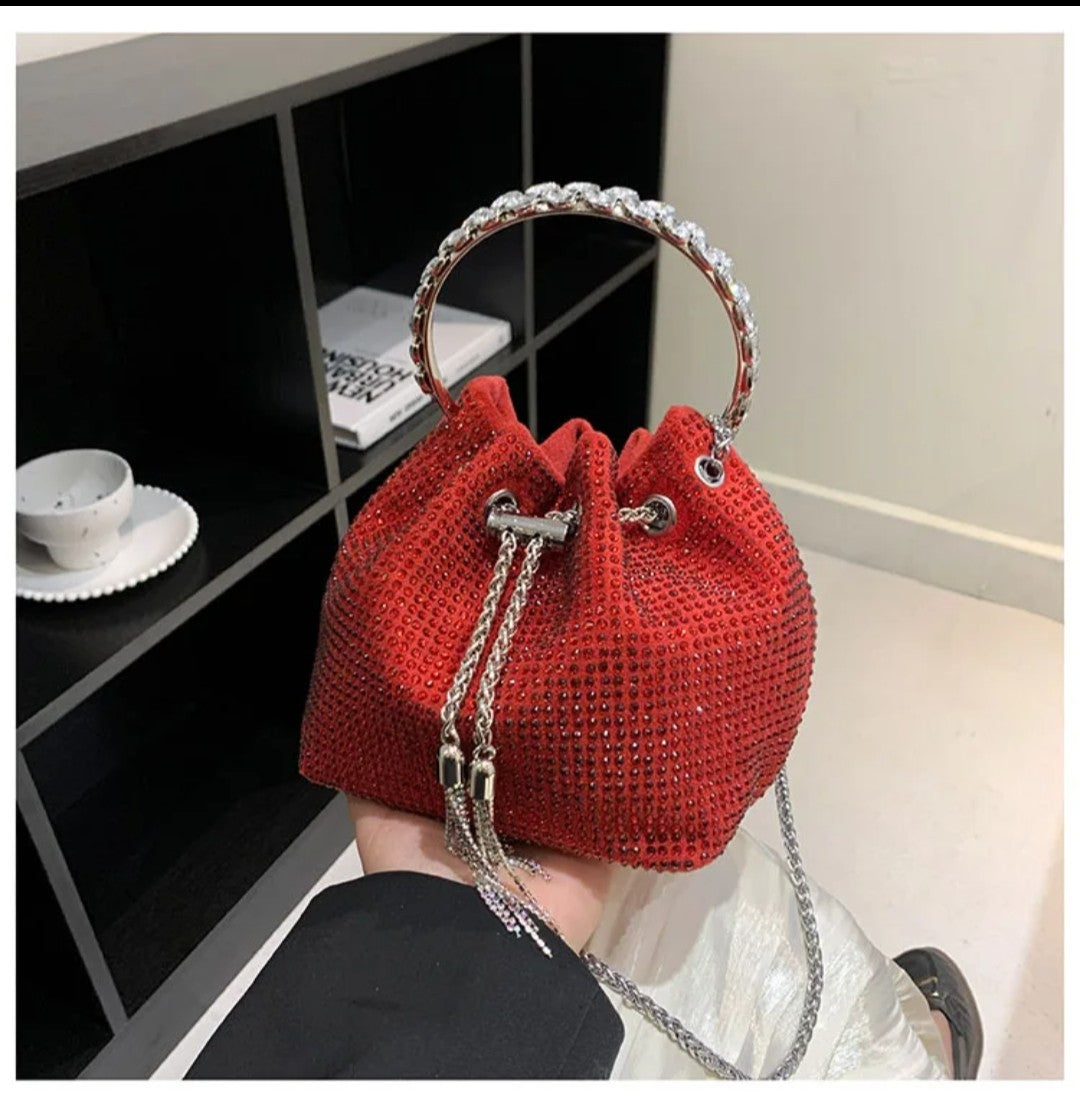 (Free Shipping)(Tariffs included in price) Women's Rhinestone Bucket Handbag With Zipper Enclosure Circular Metal Handle With Cross Body Chain