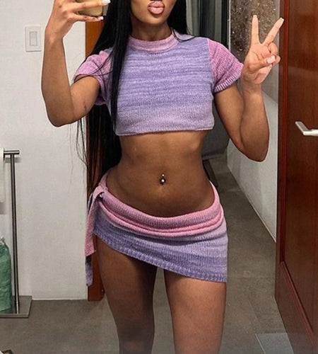 (Free Shipping)(Tariffs included in price) Summer New Trendy Gradient Color Knitted 2 Piece Skirts Set Cropped Women's Tops And Bodycon Dress Women's Set
