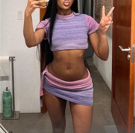 (Free Shipping)(Tariffs included in price) Summer New Trendy Gradient Color Knitted 2 Piece Skirts Set Cropped Women's Tops And Bodycon Dress Women's Set