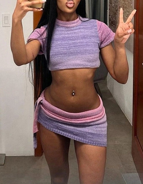 Load image into Gallery viewer, (Free Shipping)(Tariffs included in price) Summer New Trendy Gradient Color Knitted 2 Piece Skirts Set Cropped Women's Tops And Bodycon Dress Women's Set
