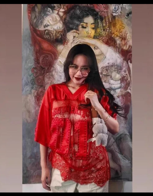 Load image into Gallery viewer, (Free Shipping)(Tariffs included in price) Short Sleeve Lace Shirt Oversized See Through Loose T-shirt
