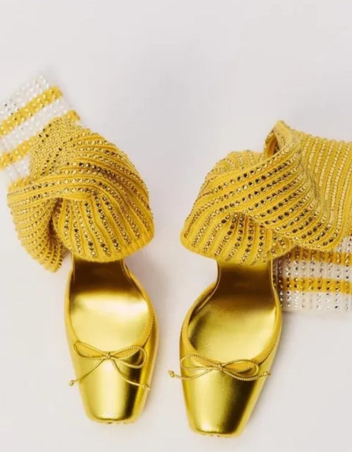 Load image into Gallery viewer, (Free Shipping) Diamond Knitted Upper High Heeled Shoe Front Bow Square Toe Knee High Stretch Cut Out Sock Sandals
