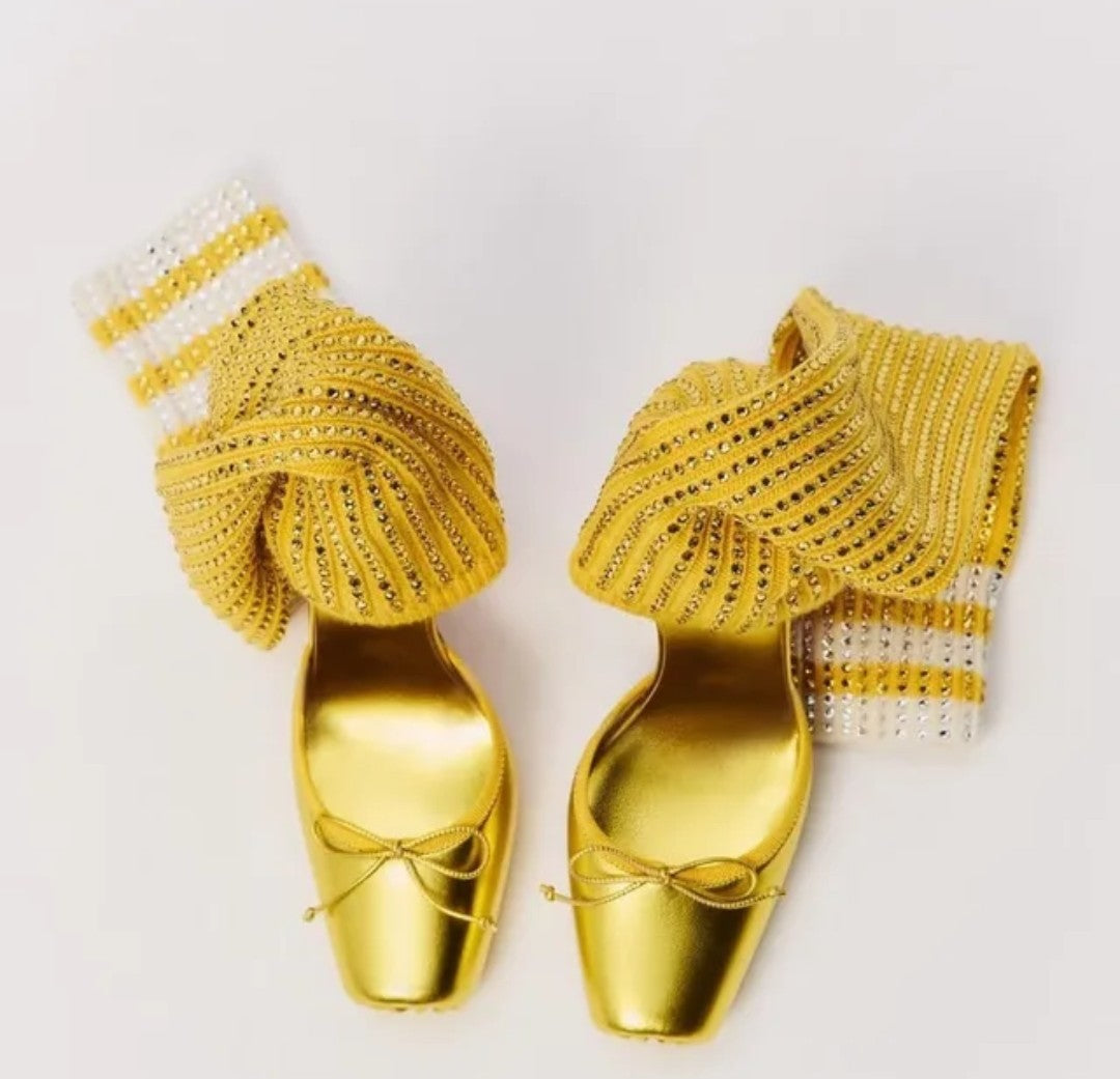 (Free Shipping) Diamond Knitted Upper High Heeled Shoe Front Bow Square Toe Knee High Stretch Cut Out Sock Sandals