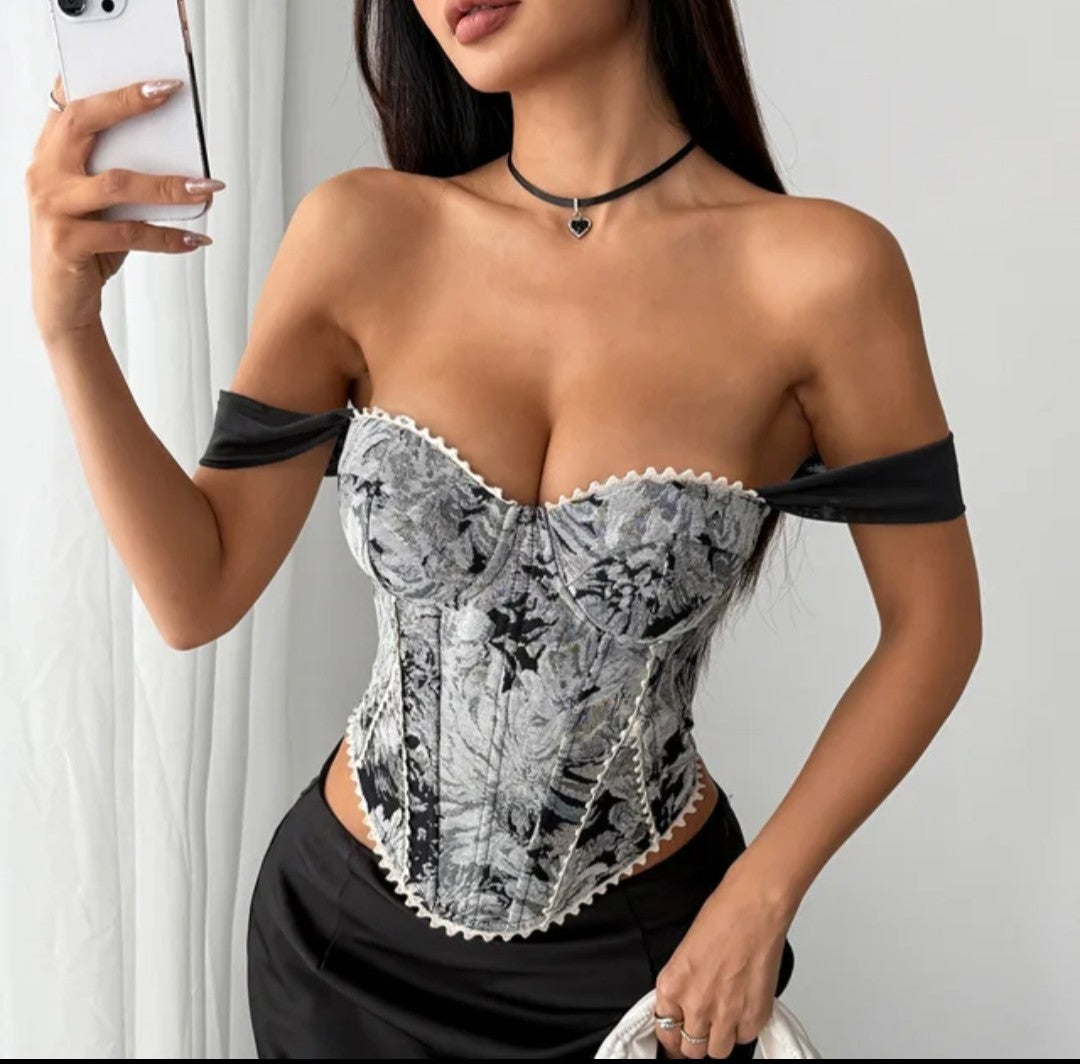(Free Shipping)(Tariffs included in price) Vintage French bustier Top Jacquard Lace Corset with Boning Padding Retro style Baroque