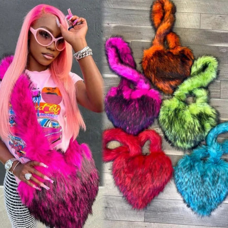 (Free Shipping)(Tariffs included in price) Woman's Faux Fur Heart Shaped Shoulder Crossbody Bag Winter Fur HandBags for women Female Clutch Purse Messenger Bag