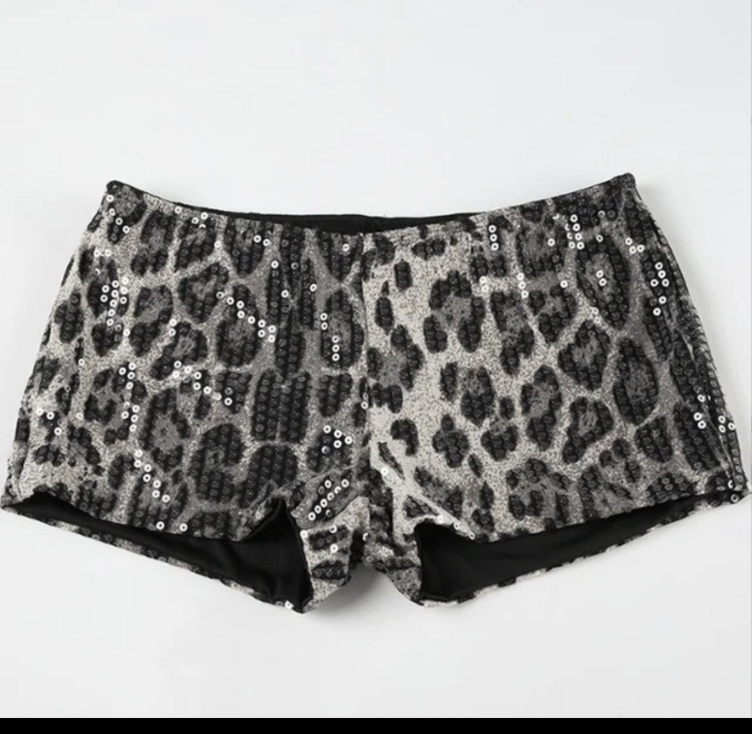 (Free Shipping)(Tariffs included in price) Sequins Leopard Print Shorts Women Hipster Sexy Low Waist Stretch Hot Pants