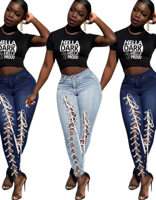 Load image into Gallery viewer, (Free Shipping)(Tariffs included in price) High waist plus size woman jeans eyelet bandage fashion tiny leg women skinny jeans
