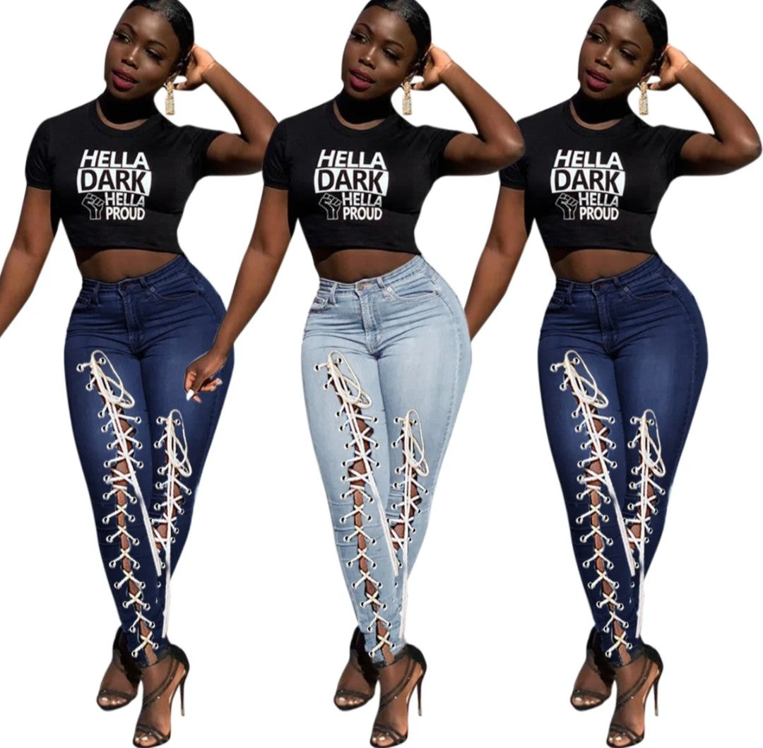 (Free Shipping)(Tariffs included in price) High waist plus size woman jeans eyelet bandage fashion tiny leg women skinny jeans