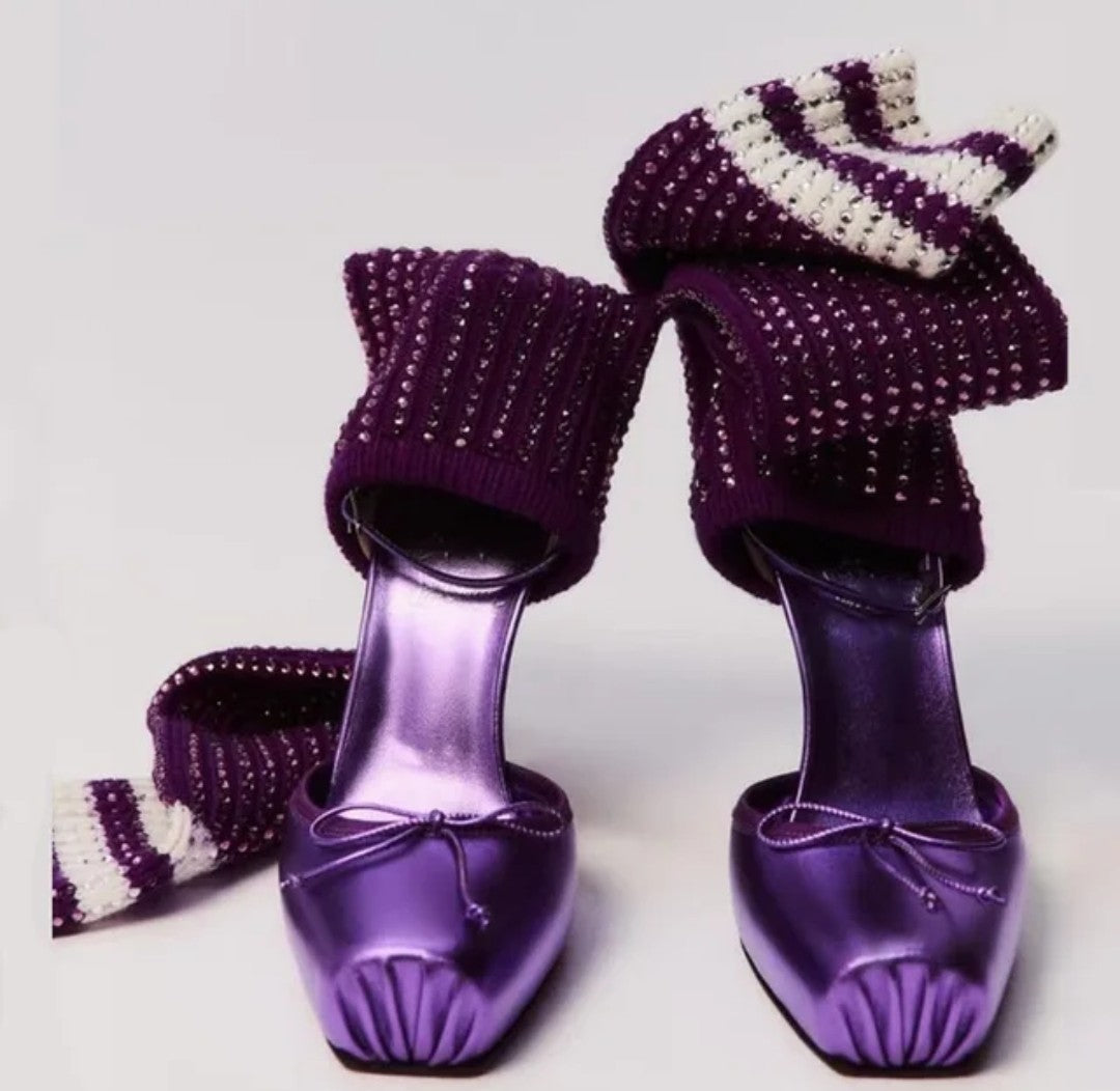 (Free Shipping) Diamond Knitted Upper High Heeled Shoe Front Bow Square Toe Knee High Stretch Cut Out Sock Sandals