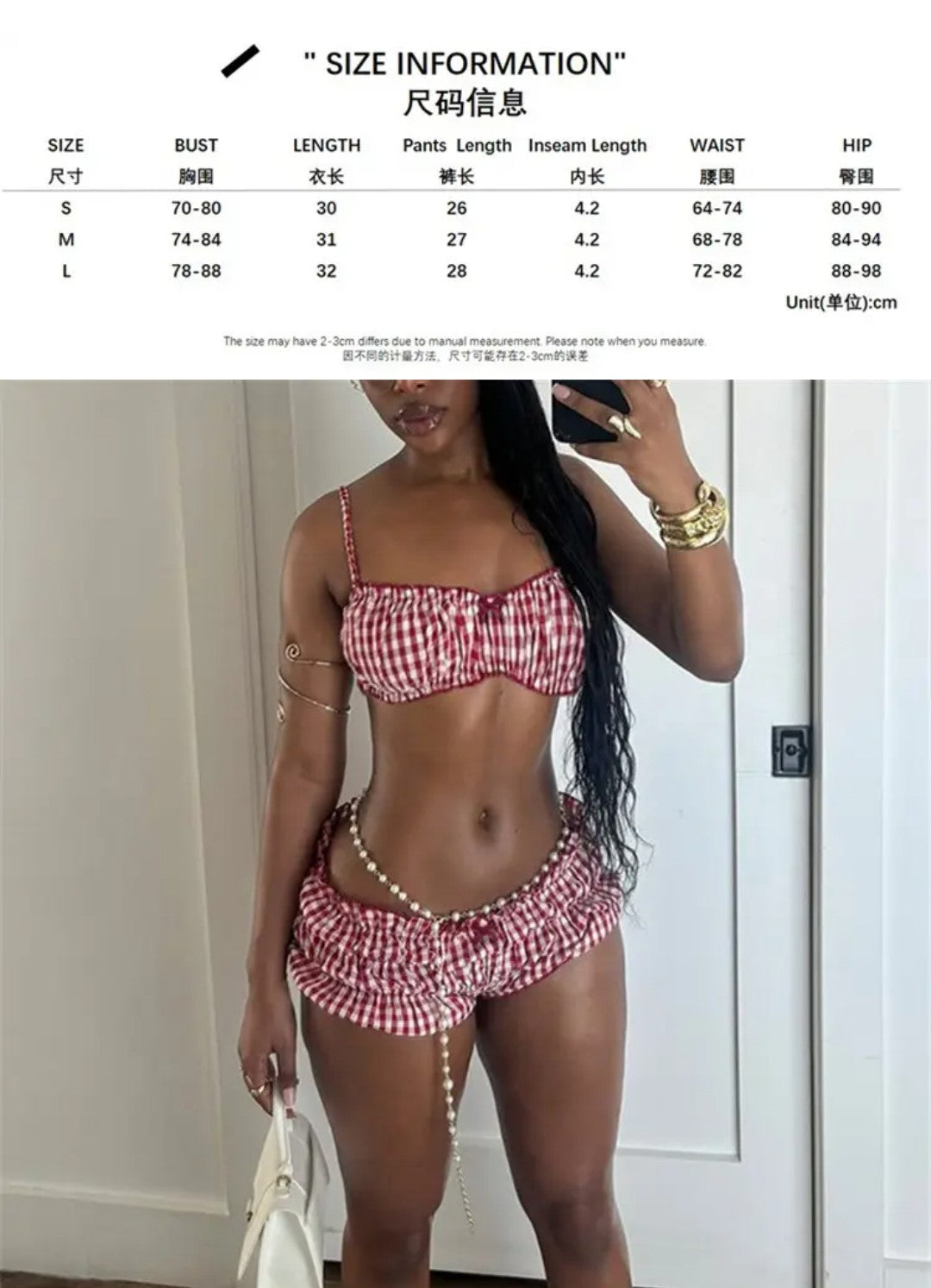 (Free Shipping)(Tariffs included in price) Plaid 2 Piece Beach Set Elastic Camisole+Ruched Shorts