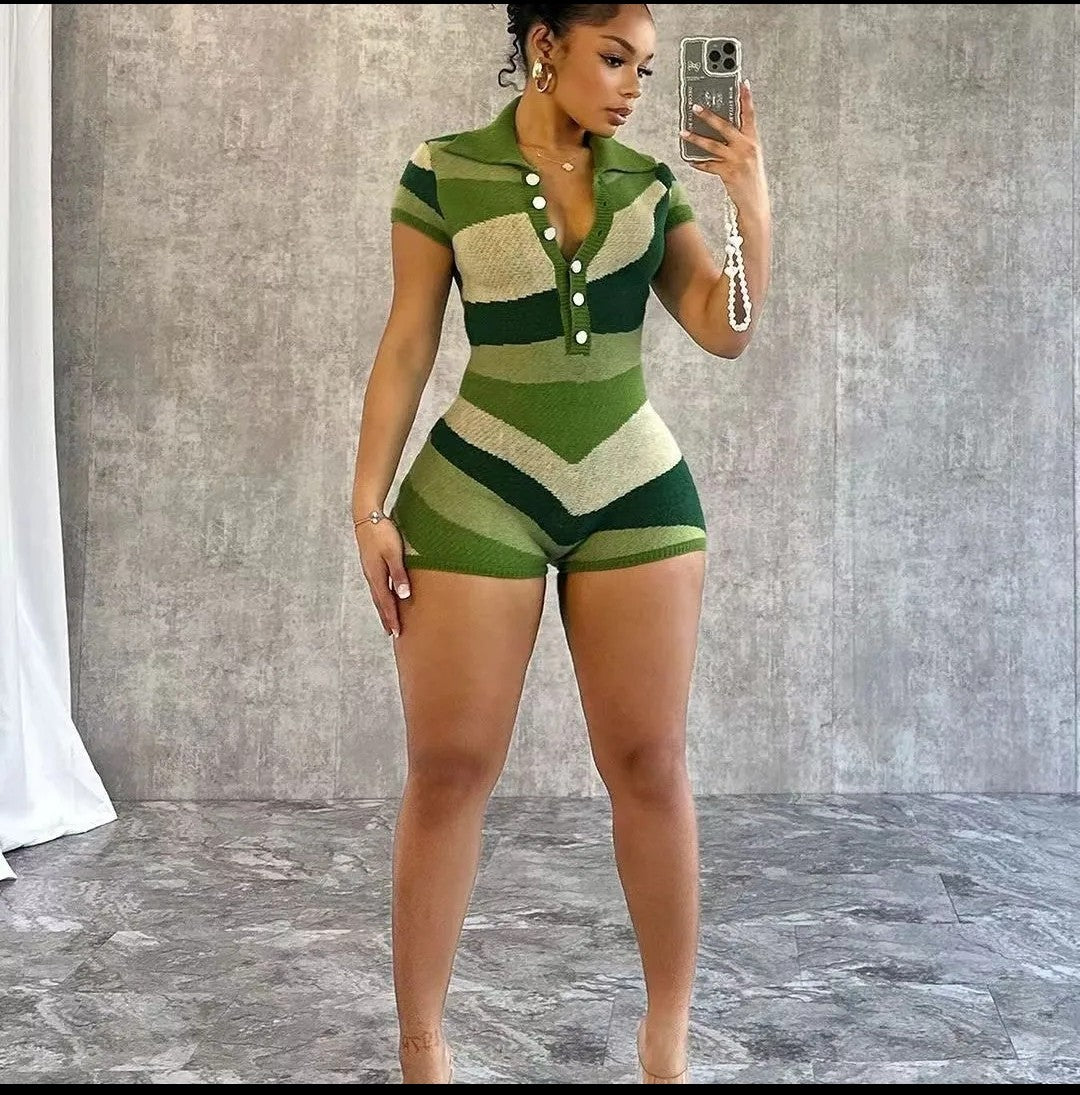 (Free Shipping)(Tariffs included in price) Women's Sexy Bodycon V Neck Short Sleeve Patchwork Knitted Romper