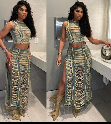 (Free Shipping)(Tariffs included in price) Ripped Jean Distressed Long Skirt Denim Set