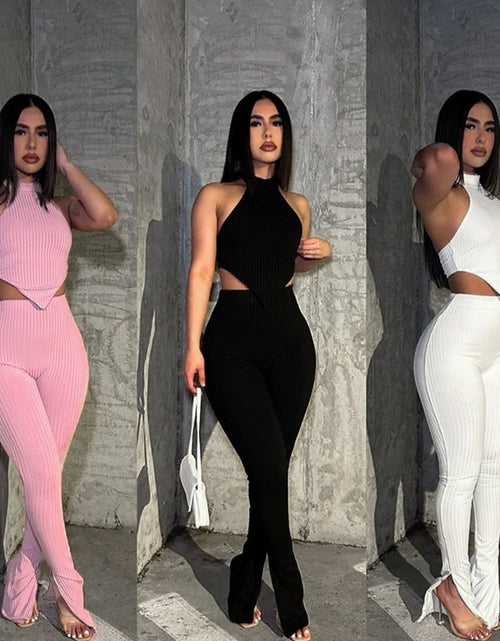 Load image into Gallery viewer, (Free Shipping)(Tariffs included in price) Summer new casual suit solid color hanging neck top trousers casual suit woven puff printed o- neck collar
