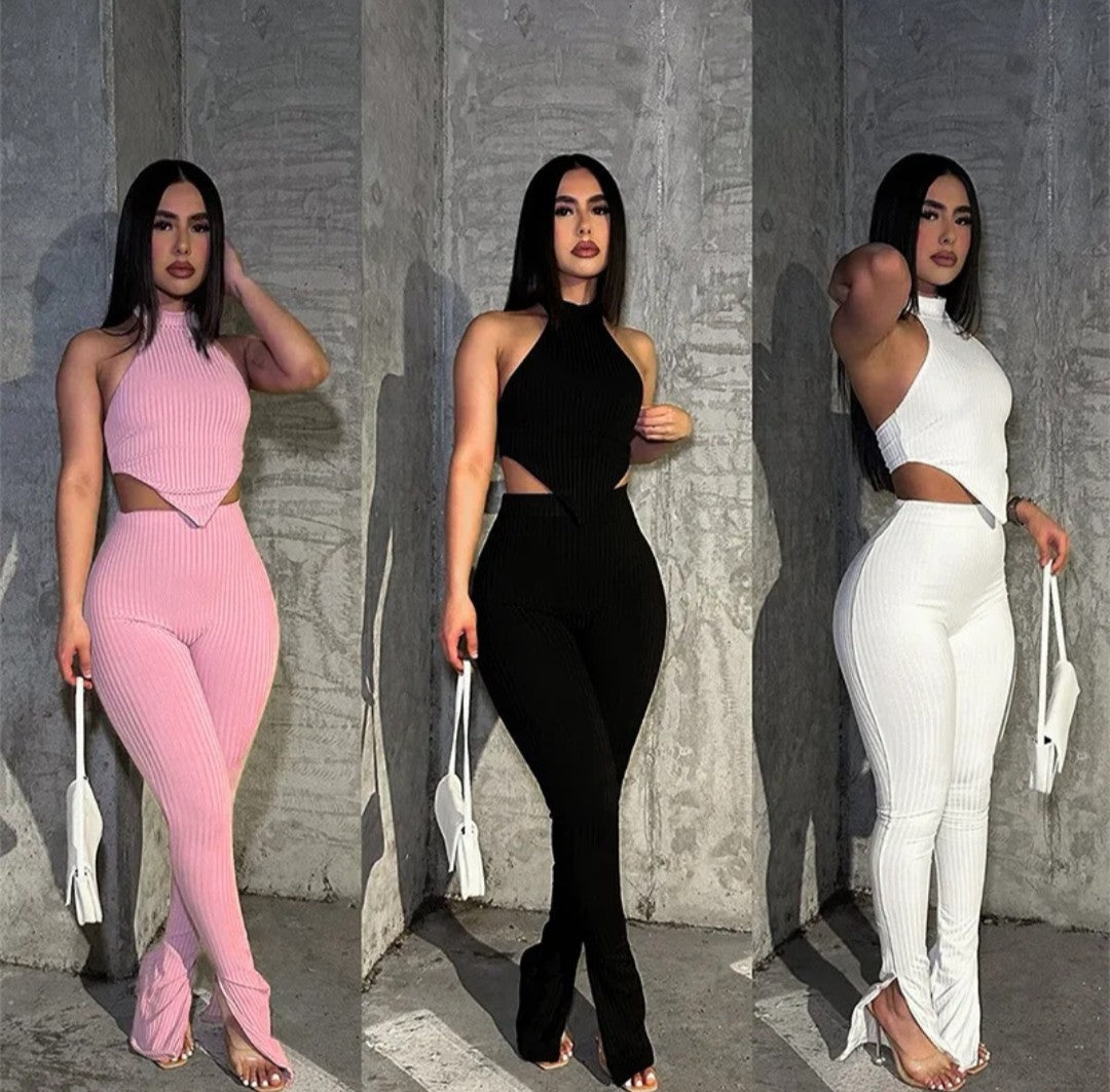 (Free Shipping)(Tariffs included in price) Summer new casual suit solid color hanging neck top trousers casual suit woven puff printed o- neck collar