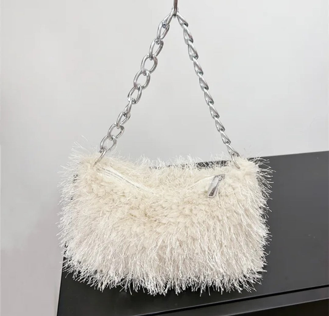 (Free Shipping) Plush Women's Hobos Underarm Bag Hot Girls Furry Clutch Shoulder Bag Luxury Faux Fur Female Fluffy Armpit Handbag