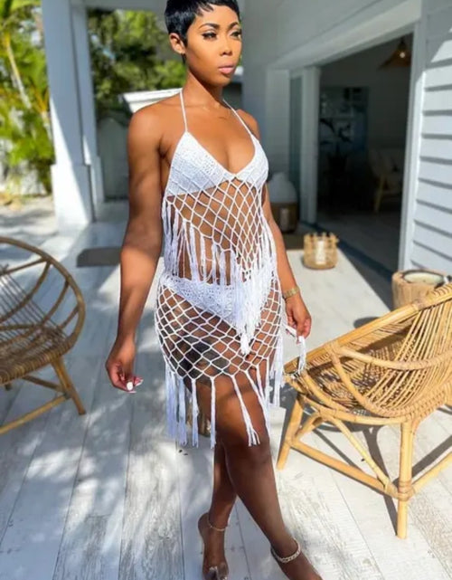 Load image into Gallery viewer, (Free Shipping)(Tariffs included in price) Crochet 2 piece Bikini Set Beach Swimwear Women's Tassel Solid Color Swimsuit

