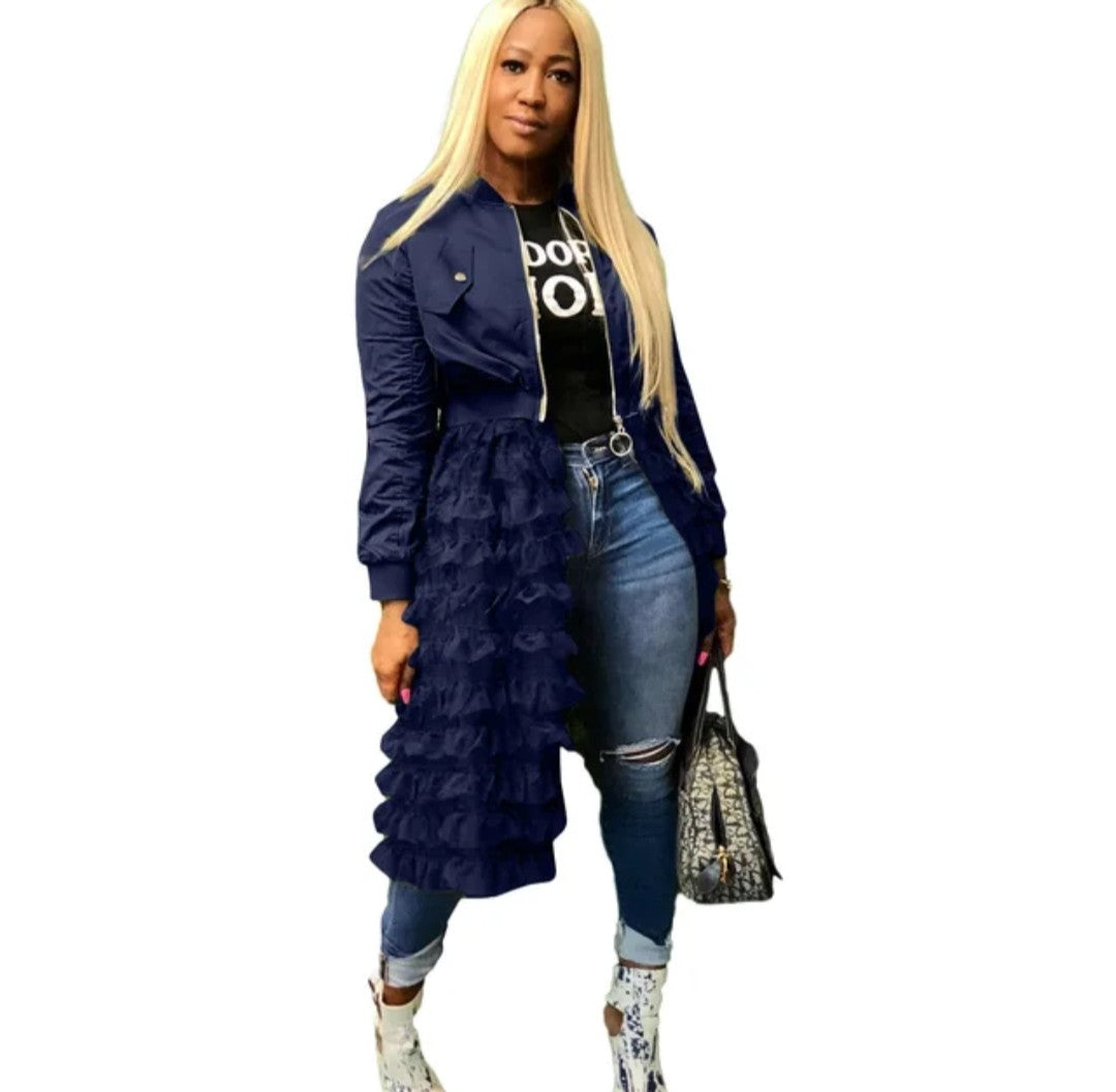 (Free Shipping)(Tariffs included in price) Spring fashion dress patch mesh ruffle woman zip long jacket coat