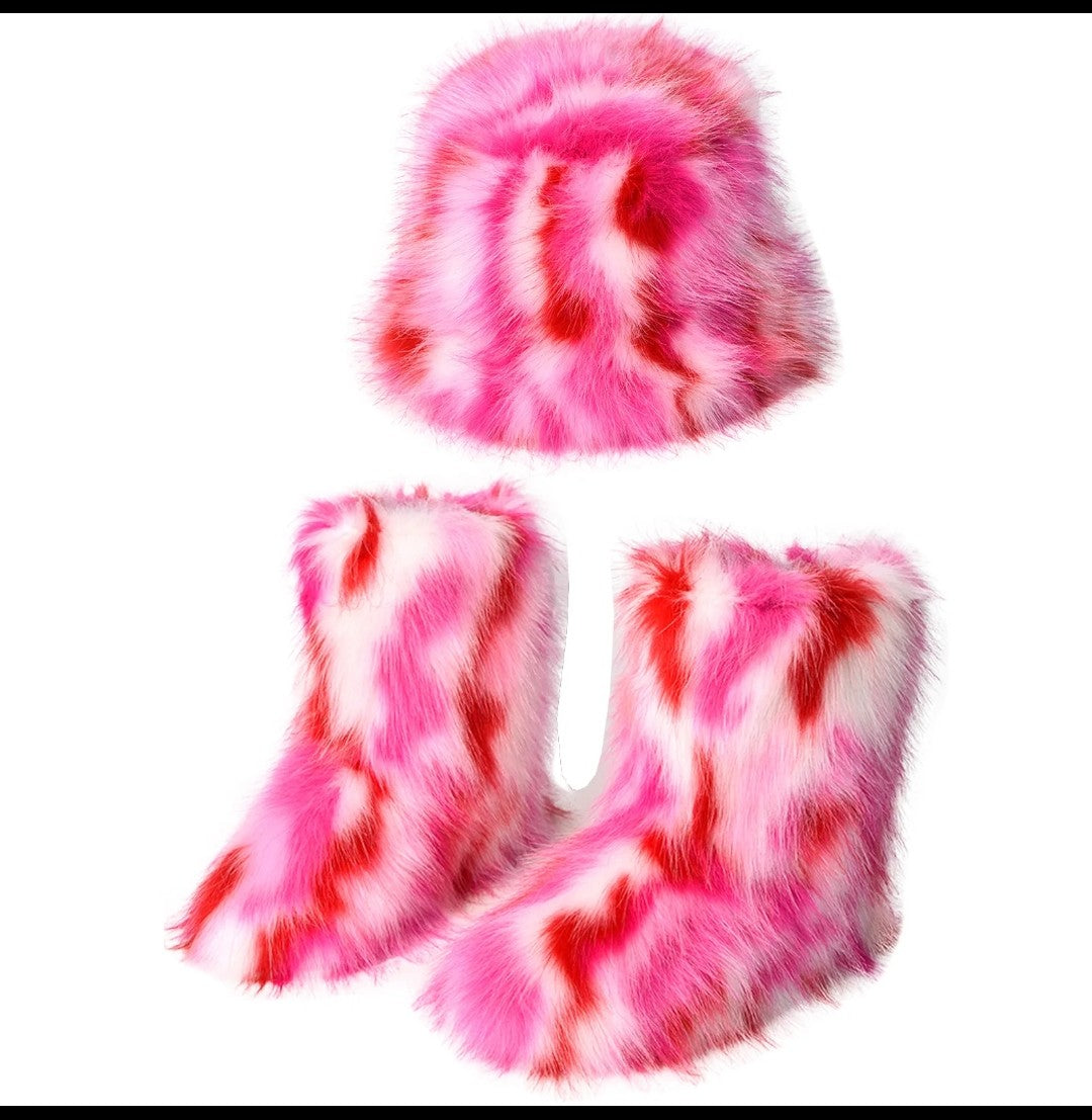 (Free Shipping)(Tariffs included in price) Winter Warm Women Fur Boot Woman Fluffy Faux Fur Fisherman Hat Set Ladies Plush Snow Boot