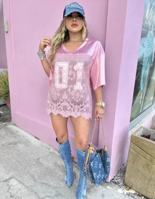 Load image into Gallery viewer, (Free Shipping)(Tariffs included in price) Short Sleeve Lace Shirt Oversized See Through Loose T-shirt
