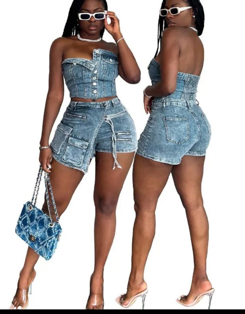 Load image into Gallery viewer, (Free Shipping)(Tariffs included in price) Women's Sexy 2-Piece Denim Button Tube Top Cargo Pockets Skirt Set
