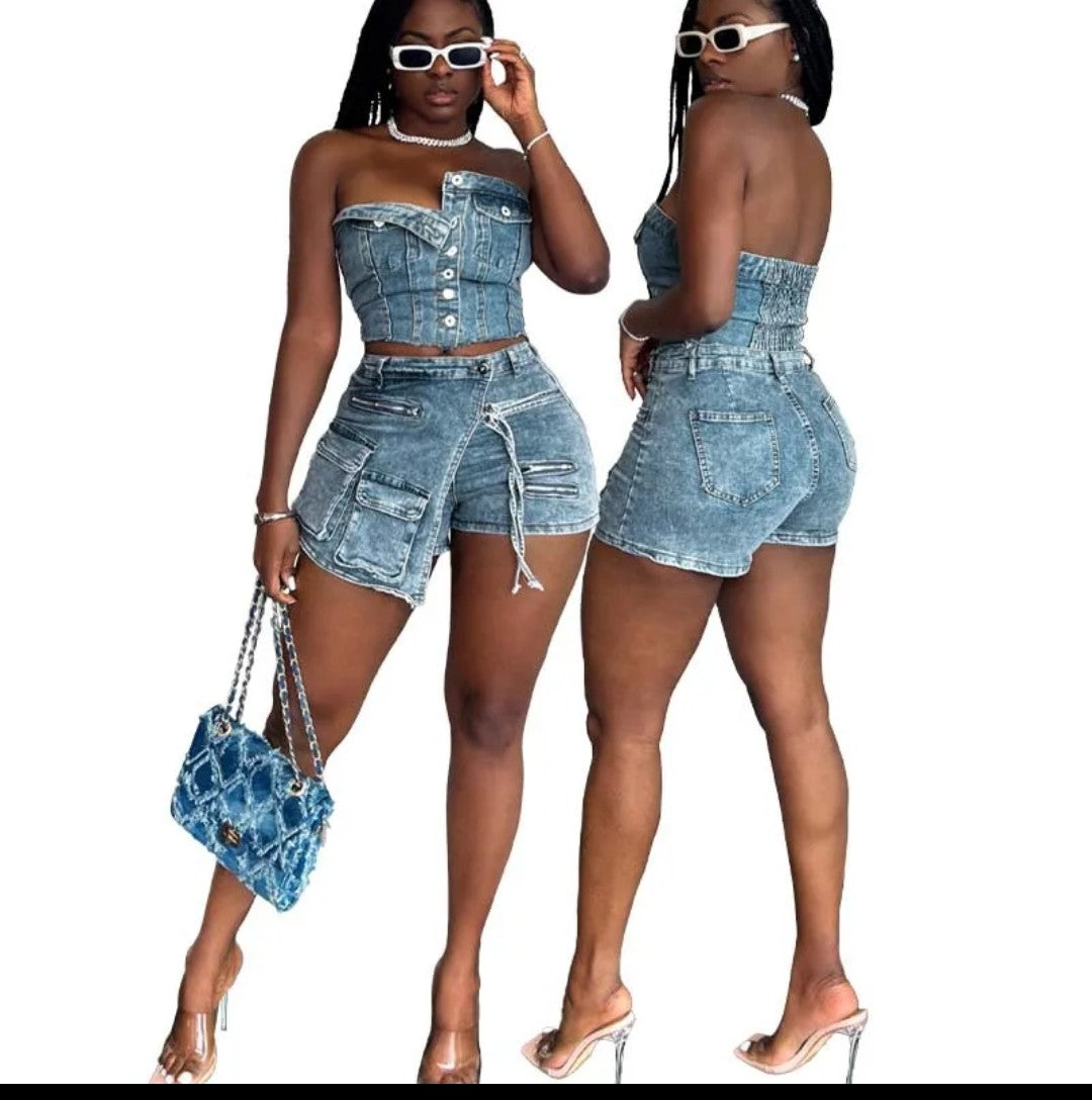 (Free Shipping)(Tariffs included in price) Women's Sexy 2-Piece Denim Button Tube Top Cargo Pockets Skirt Set