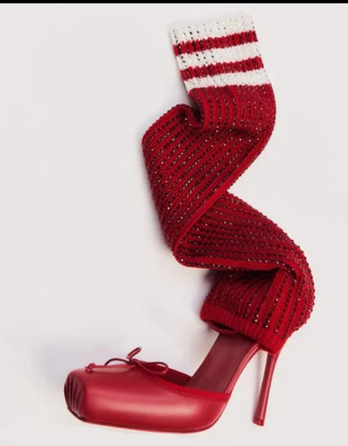 Load image into Gallery viewer, (Free Shipping) Diamond Knitted Upper High Heeled Shoe Front Bow Square Toe Knee High Stretch Cut Out Sock Sandals
