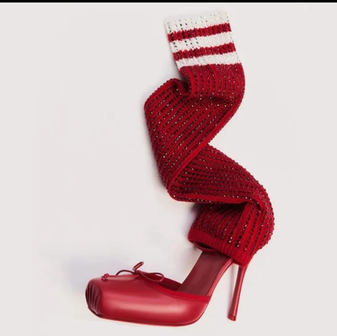 (Free Shipping) Diamond Knitted Upper High Heeled Shoe Front Bow Square Toe Knee High Stretch Cut Out Sock Sandals