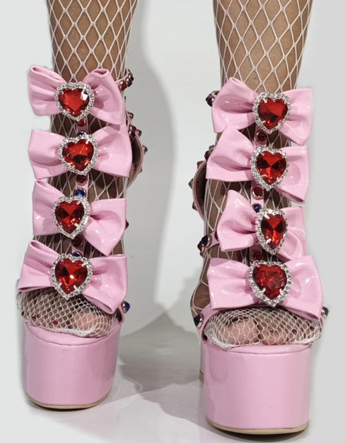 Load image into Gallery viewer, Women's Rhinestone Bow Dress Shoes High Chunky Platform Heels Colorful Sandals Ankle Strap Pink Pumps
