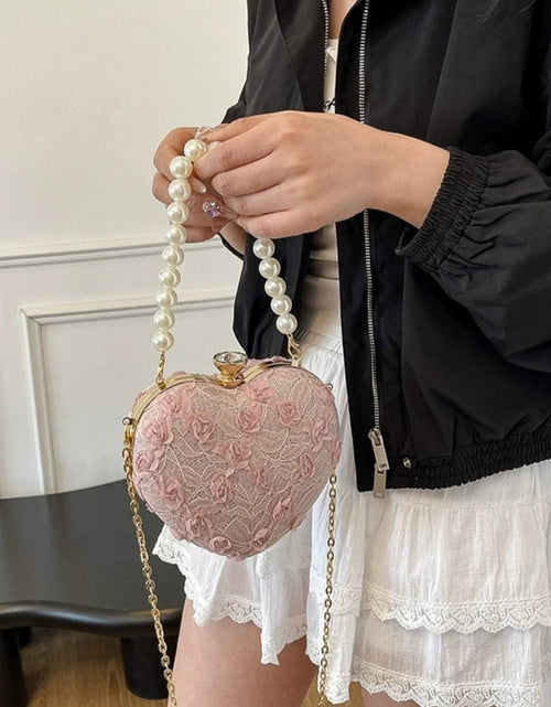 Load image into Gallery viewer, (Free Shipping)(Tariffs included in price) Luxury Lace Flower Heart Shape Pearl Handle Clutch Purse Diamond Evening Wedding Party Shoulder Bag Handle Rose Floral Handbags
