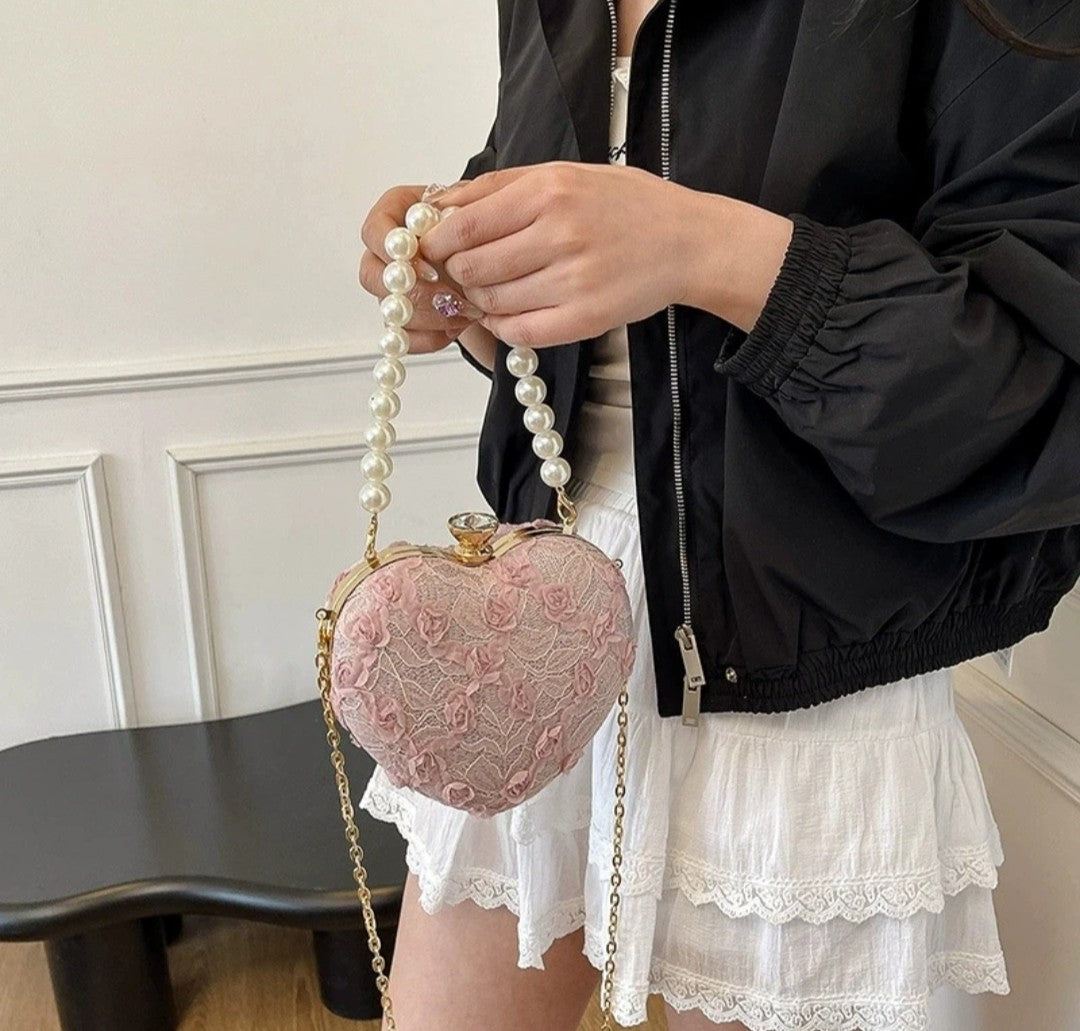 (Free Shipping)(Tariffs included in price) Luxury Lace Flower Heart Shape Pearl Handle Clutch Purse Diamond Evening Wedding Party Shoulder Bag Handle Rose Floral Handbags