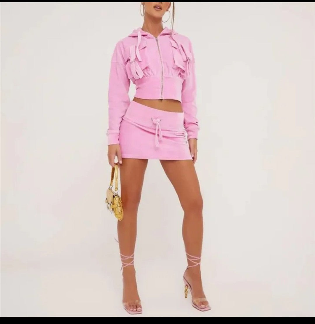 (Free Shipping)(Tariffs included in price) Velvet Pink Hooded Crop Jacket + Mini Skirt 2 Piece Set