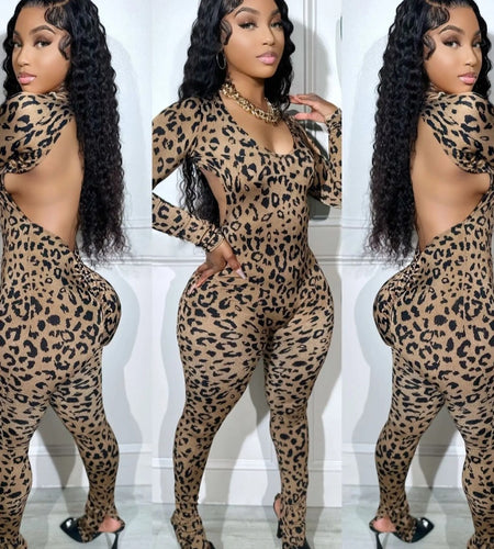 (Free Shipping)(Tariffs included in price)Sexy Backless Lace up Leopard Bodycon Jumpsuits Women O Neck Long Sleeve Skinny Pants One Piece Playsuits Fashion Overall Romper