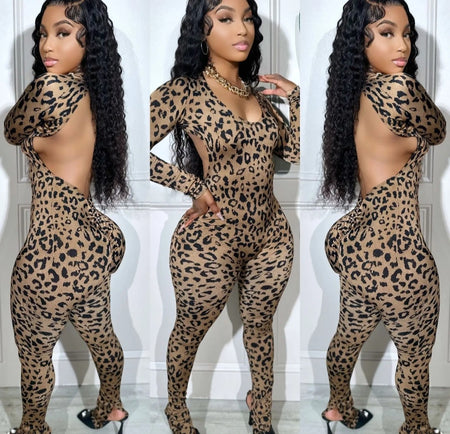 (Free Shipping)(Tariffs included in price)Sexy Backless Lace up Leopard Bodycon Jumpsuits Women O Neck Long Sleeve Skinny Pants One Piece Playsuits Fashion Overall Romper