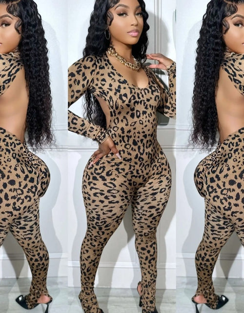 Load image into Gallery viewer, (Free Shipping)(Tariffs included in price)Sexy Backless Lace up Leopard Bodycon Jumpsuits Women O Neck Long Sleeve Skinny Pants One Piece Playsuits Fashion Overall Romper
