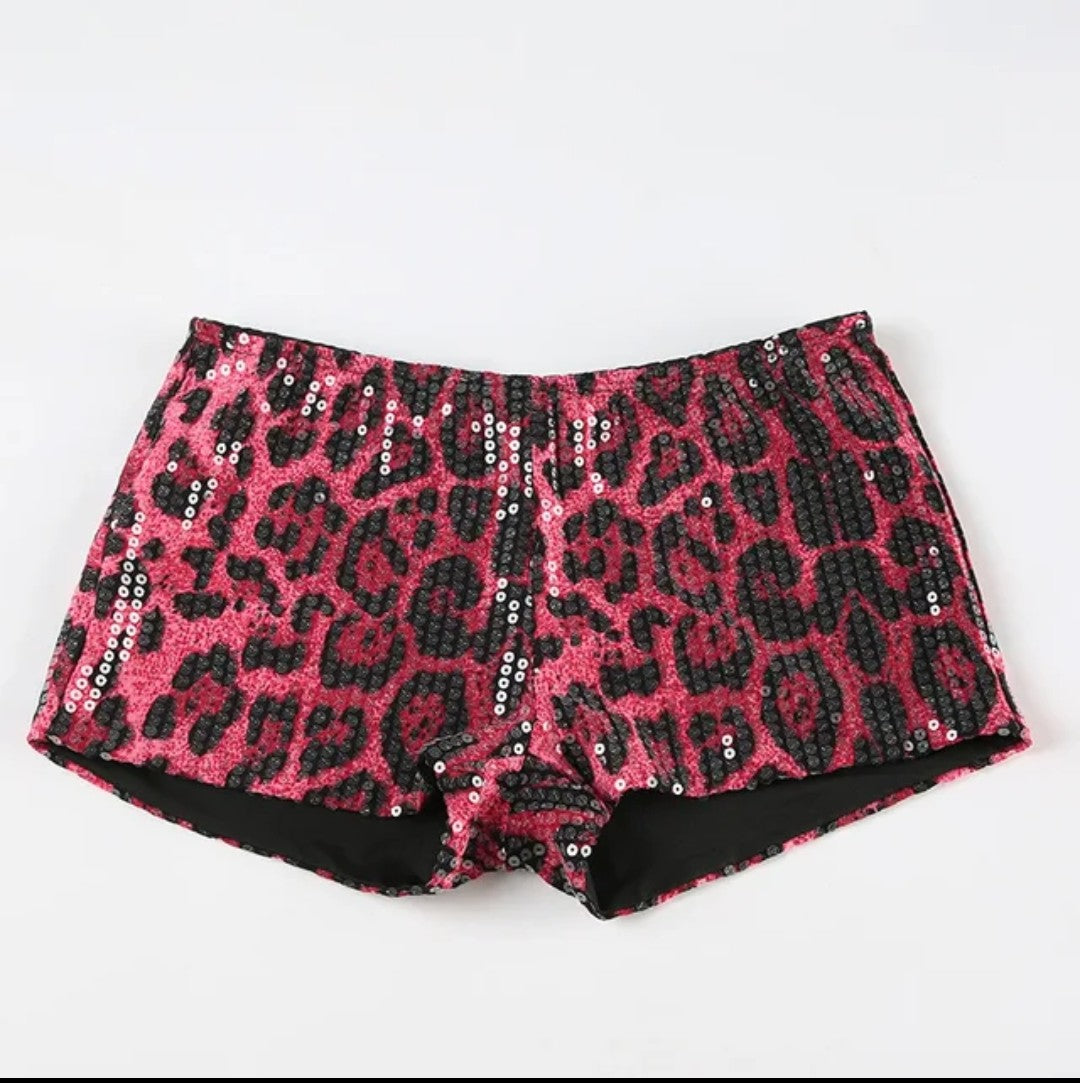 (Free Shipping)(Tariffs included in price) Sequins Leopard Print Shorts Women Hipster Sexy Low Waist Stretch Hot Pants