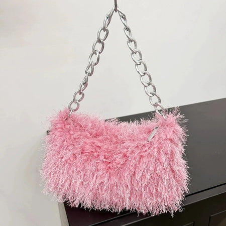(Free Shipping) Plush Women's Hobos Underarm Bag Hot Girls Furry Clutch Shoulder Bag Luxury Faux Fur Female Fluffy Armpit Handbag